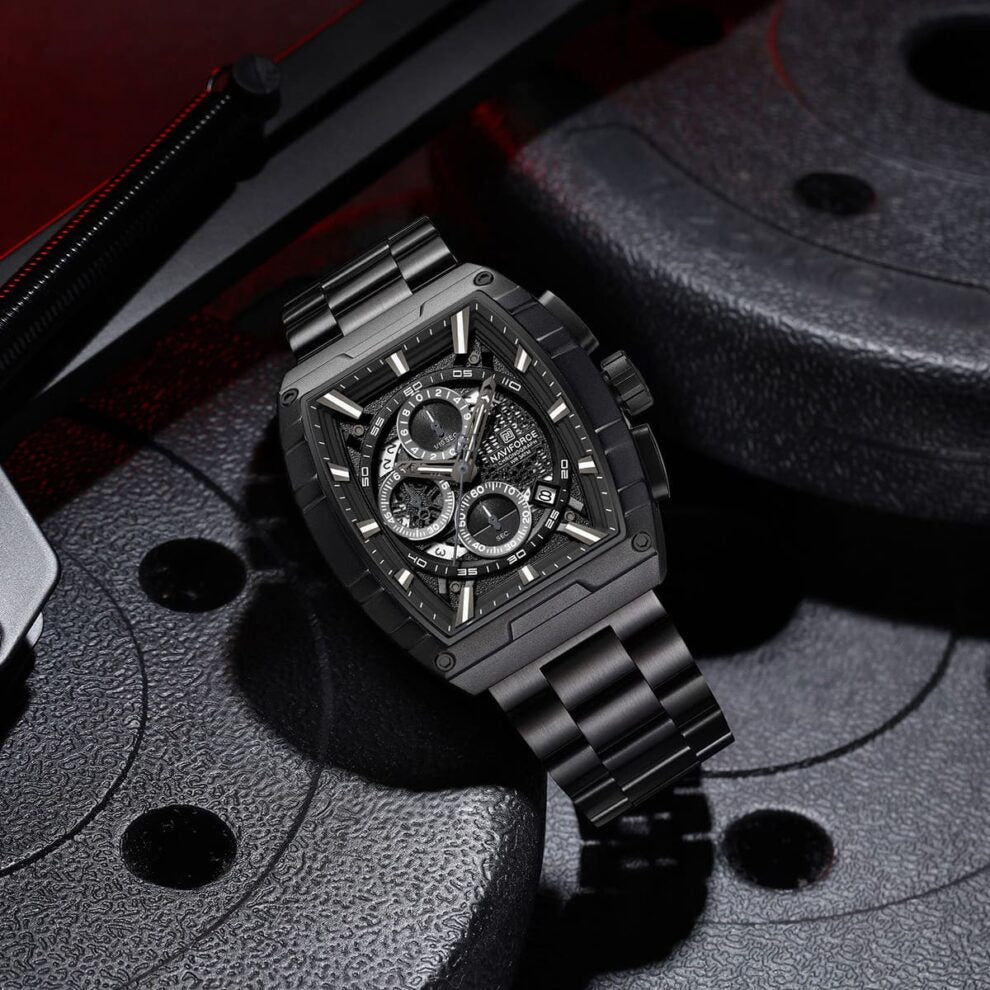 Naviforce NF8066-B-B-B Men’s Analog Square Watch with Black Dial & Stopwatch