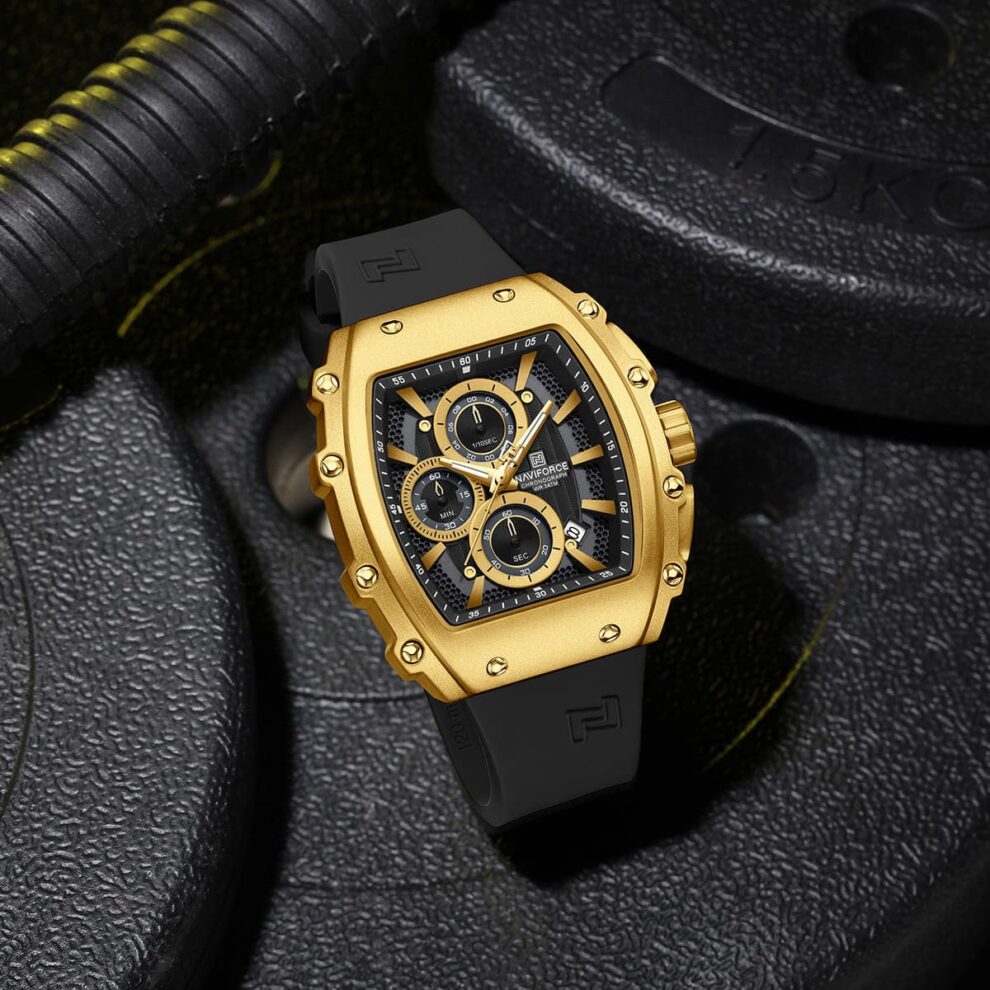 Naviforce NF8070-G-B-B Men’s Analog Square Watch with Stopwatch & Monthly Date