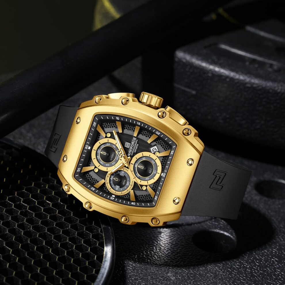 Naviforce NF8070-G-B-B Men’s Analog Square Watch with Stopwatch & Monthly Date
