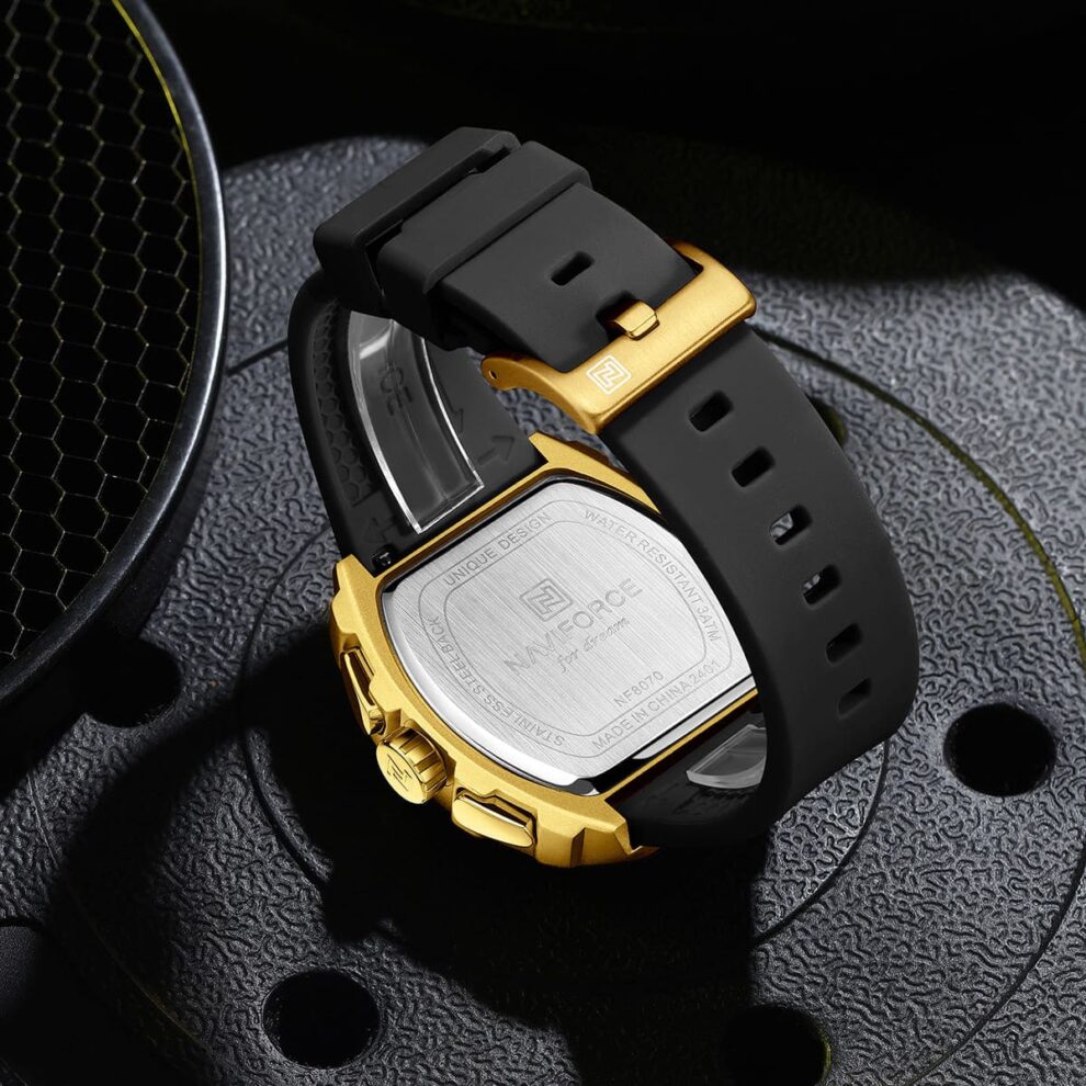 Naviforce NF8070-G-B-B Men’s Analog Square Watch with Stopwatch & Monthly Date