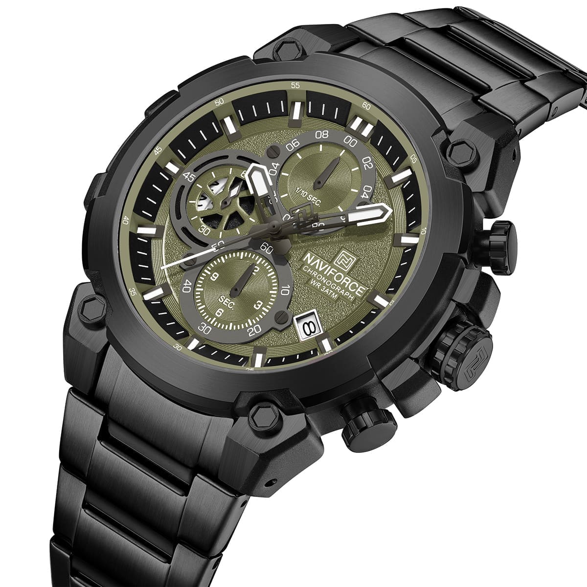 Naviforce NF8071-B-GN-B Men’s Analog Round Watch with Green Dial & Stopwatch