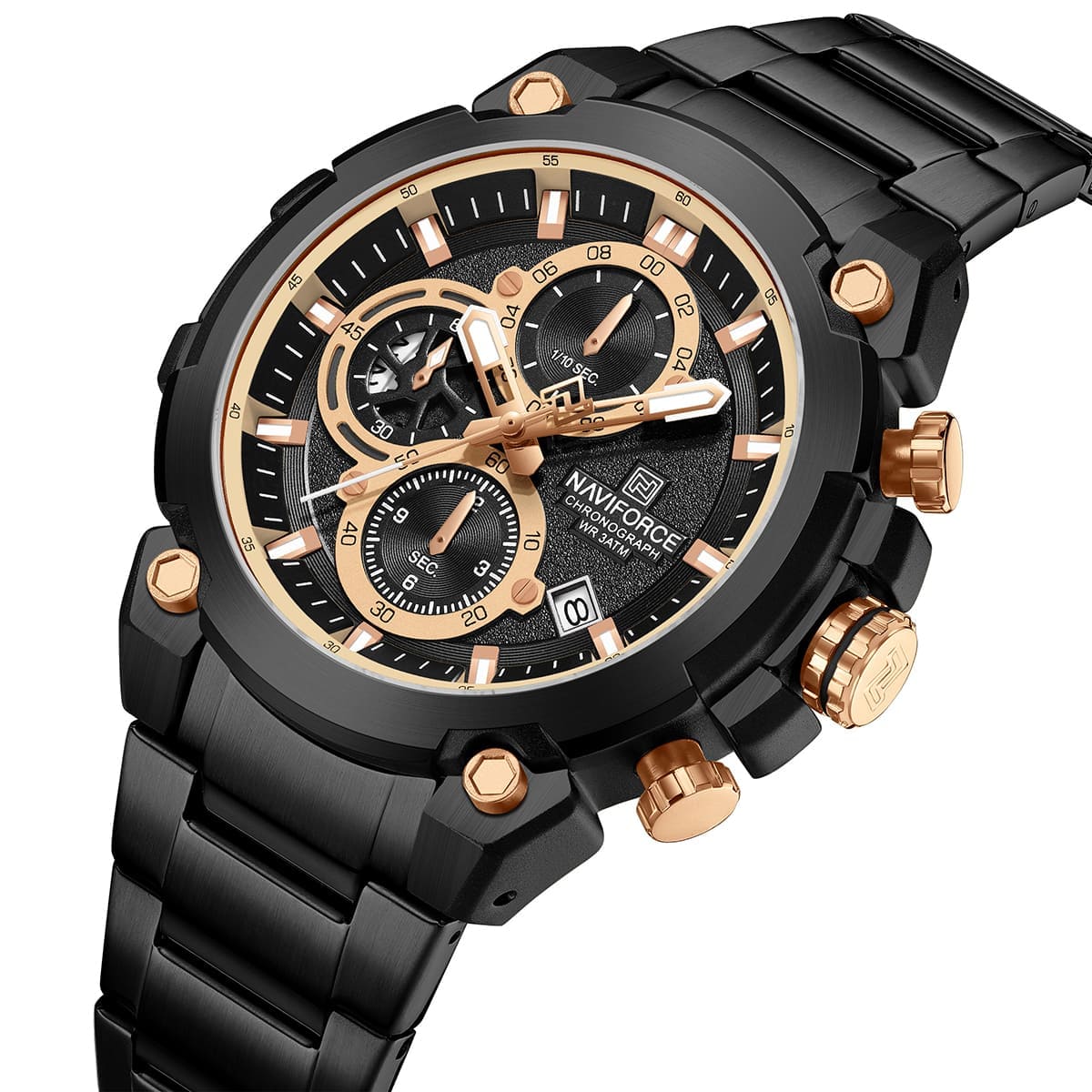 Naviforce NF8071-B-RG-B Men’s Analog Round Watch with Black Dial & Stopwatch