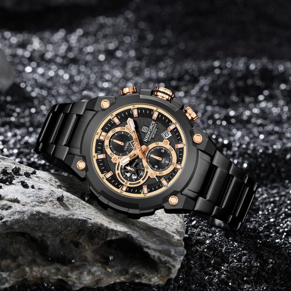 Naviforce NF8071-B-RG-B Men’s Analog Round Watch with Black Dial & Stopwatch