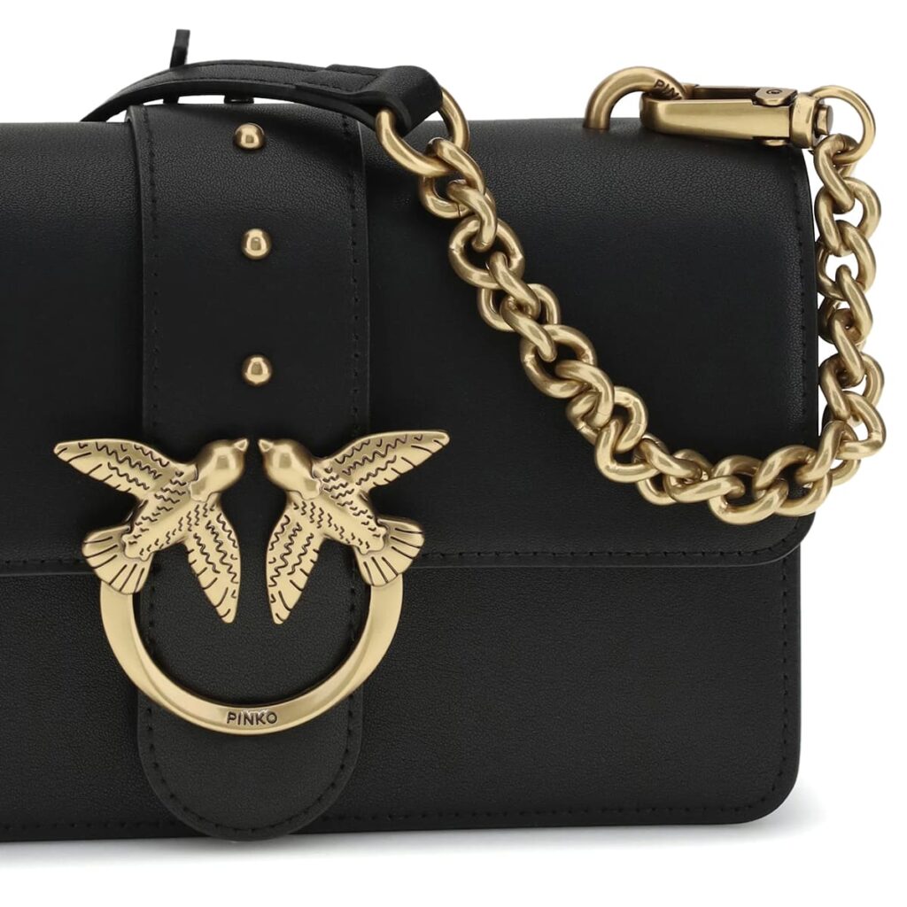 Pinko Women's Leather Shoulder & Crossbody Bag – Black Flap Design with Adjustable Strap#01