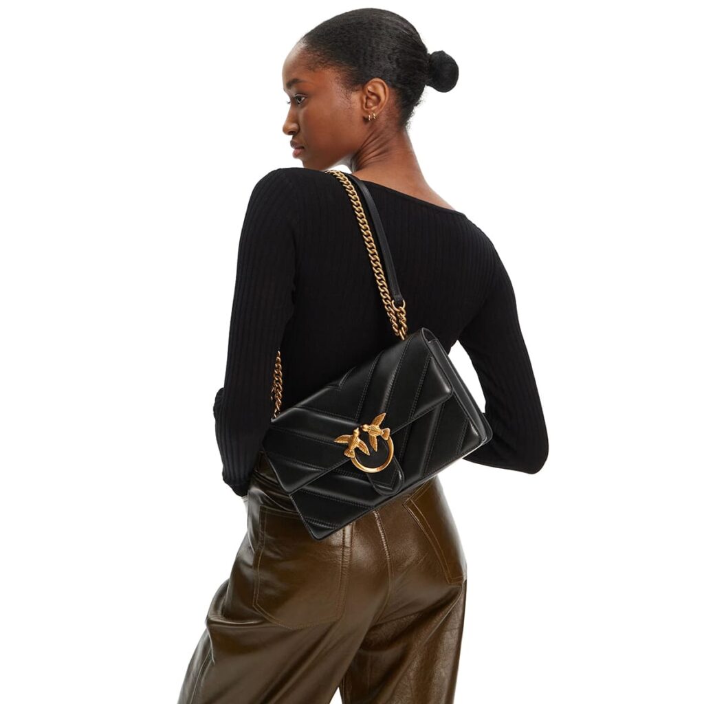 Pinko Women's Leather Shoulder & Crossbody Bag – Black with Elegant Flap Design#05