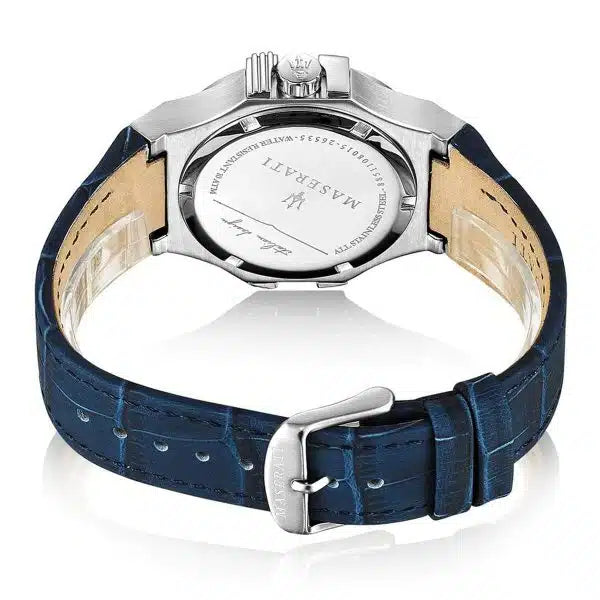 Maserati Potenza Men’s Watch R8851108015 – Blue Dial, Blue Leather Strap, 42mm Quartz Analog