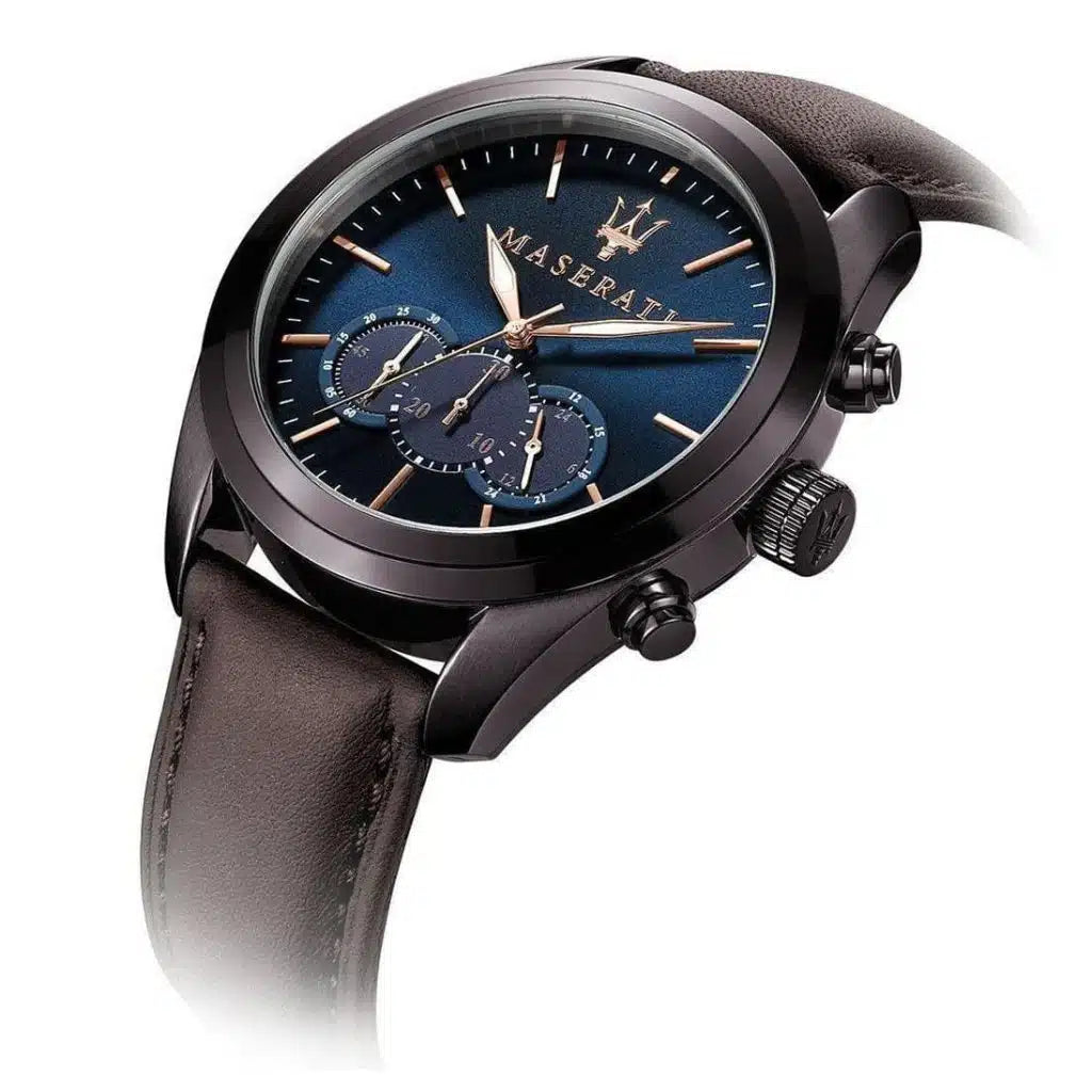 Maserati Traguardo Men’s Quartz Watch – Blue Dial, Brown Genuine Leather Strap, 45mm – R8871612008