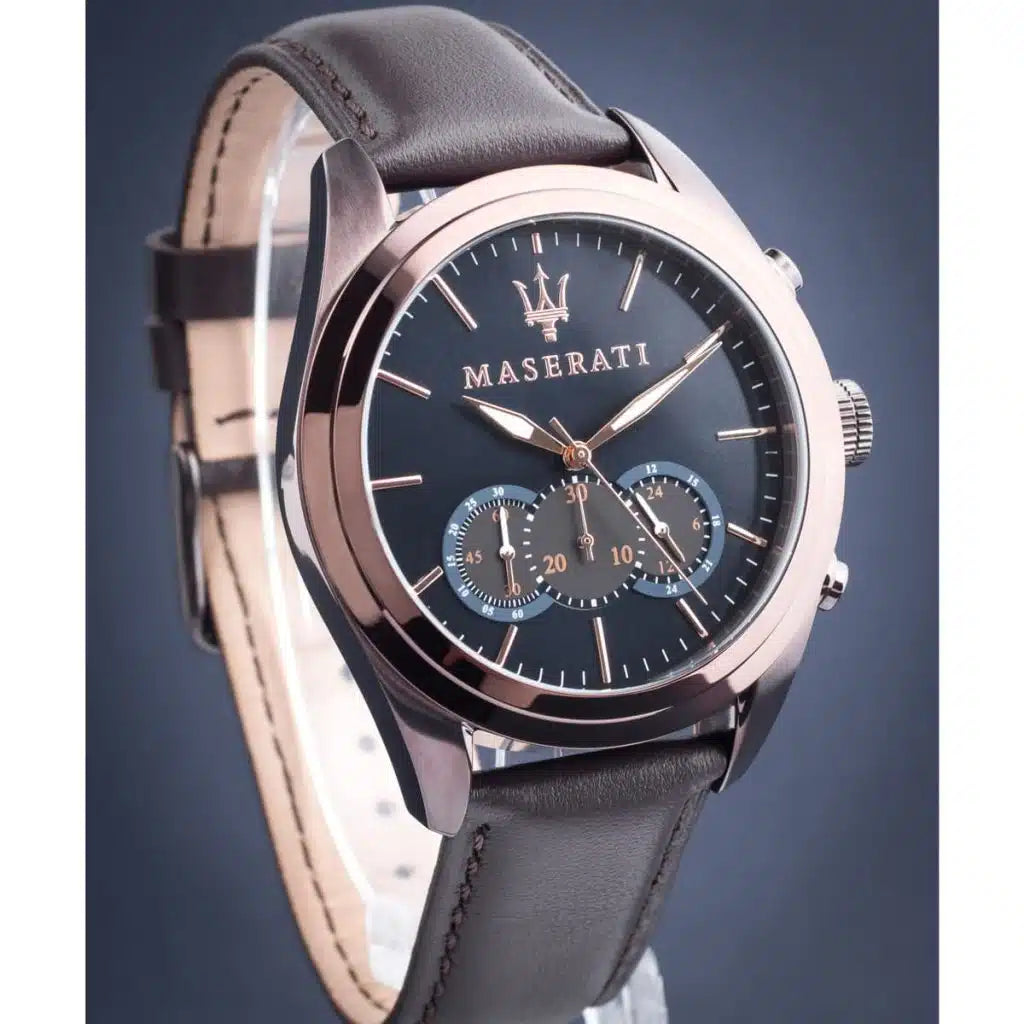 Maserati Traguardo Men’s Quartz Watch – Blue Dial, Brown Genuine Leather Strap, 45mm – R8871612008
