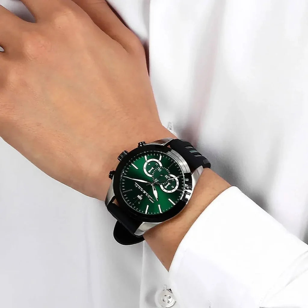 Maserati R8871612043 Men’s Watch – Traguardo Green Dial Sport Watch with Black Rubber Strap
