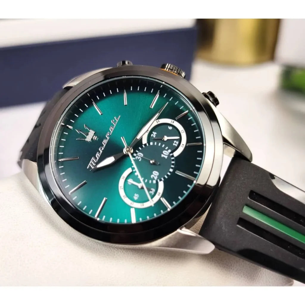 Maserati R8871612043 Men’s Watch – Traguardo Green Dial Sport Watch with Black Rubber Strap