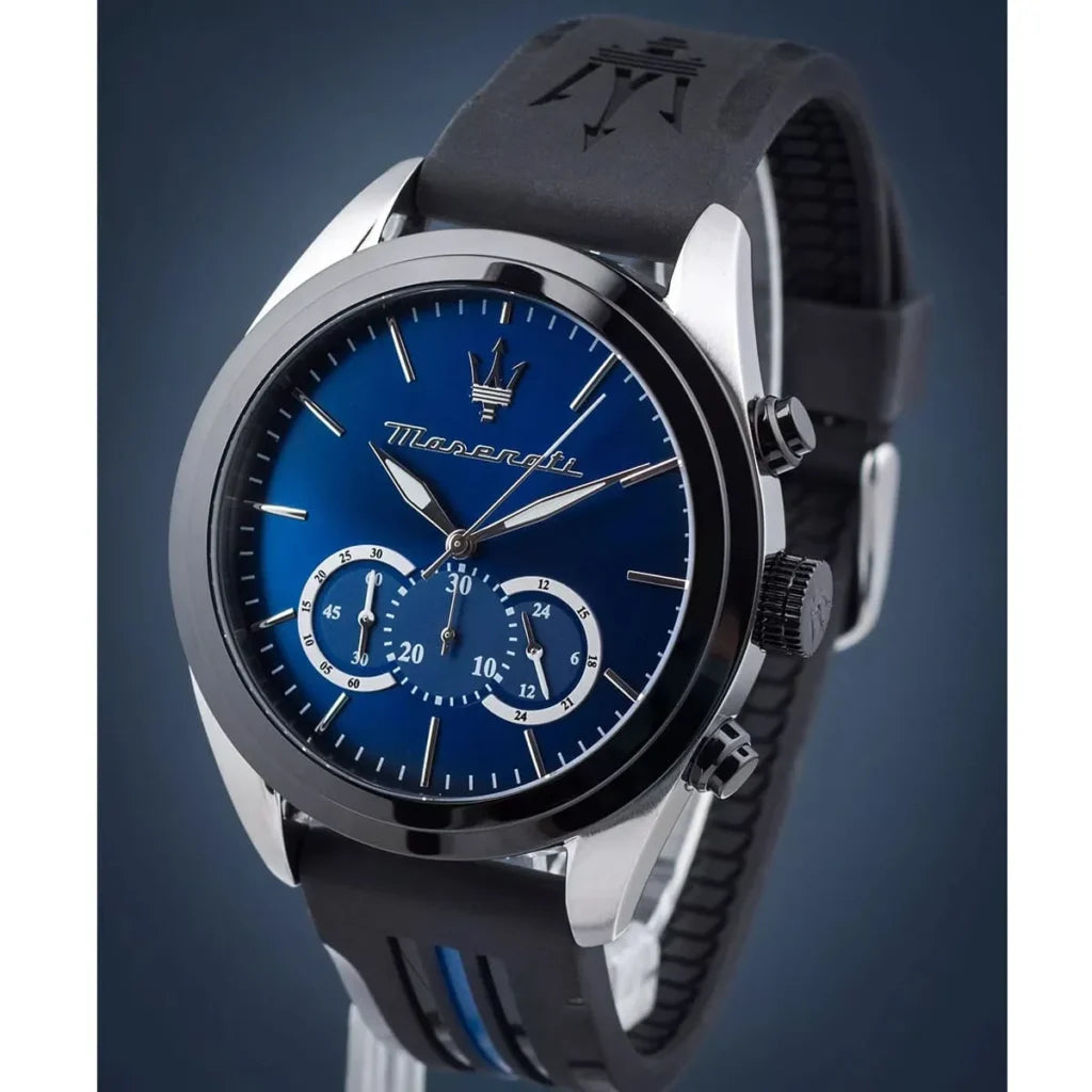 Maserati R8871612044 Men’s Watch – Traguardo Blue Dial Sport Watch with Black Silicone Strap