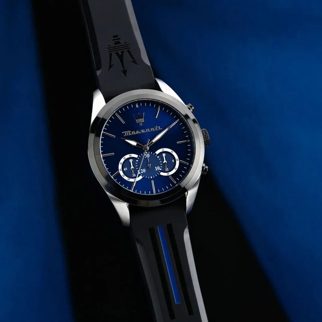 Maserati R8871612044 Men’s Watch – Traguardo Blue Dial Sport Watch with Black Silicone Strap