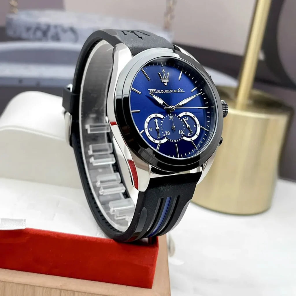 Maserati R8871612044 Men’s Watch – Traguardo Blue Dial Sport Watch with Black Silicone Strap