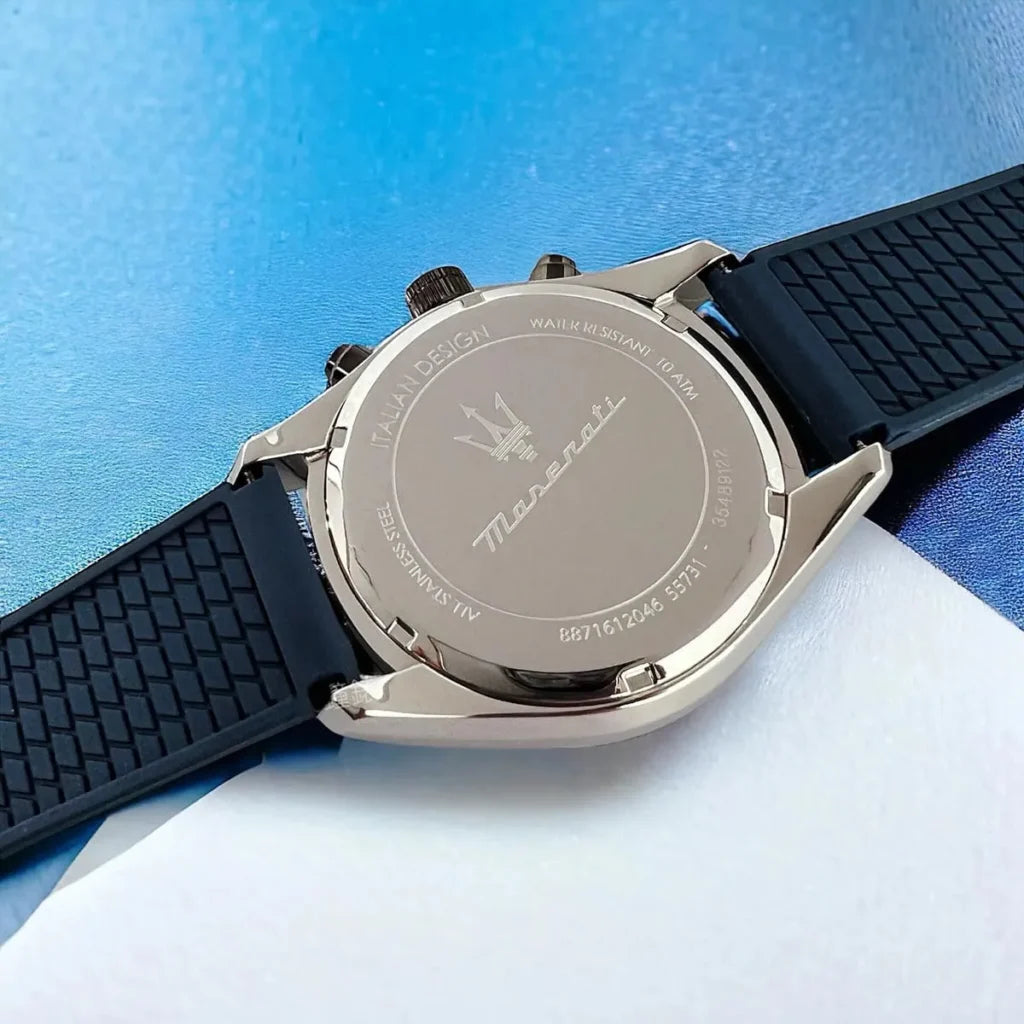 Maserati R8871612046 Men’s Watch – Traguardo Black Dial Sport Watch with Blue Silicone Strap