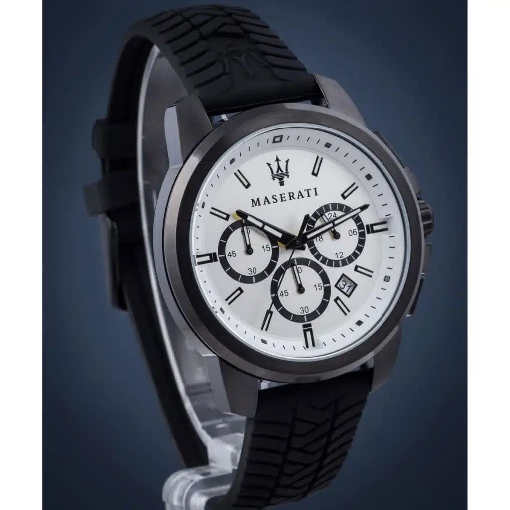 Maserati R8871621010 Successo Watch – White Dial, Black Rubber Strap, 100M Water Resistant (44mm)