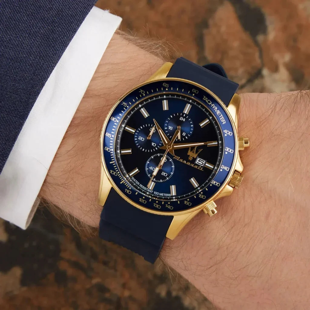 Maserati Sfida Men’s Quartz Chronograph Watch – Blue Dial, Silicone Strap, 44mm – R8871640004