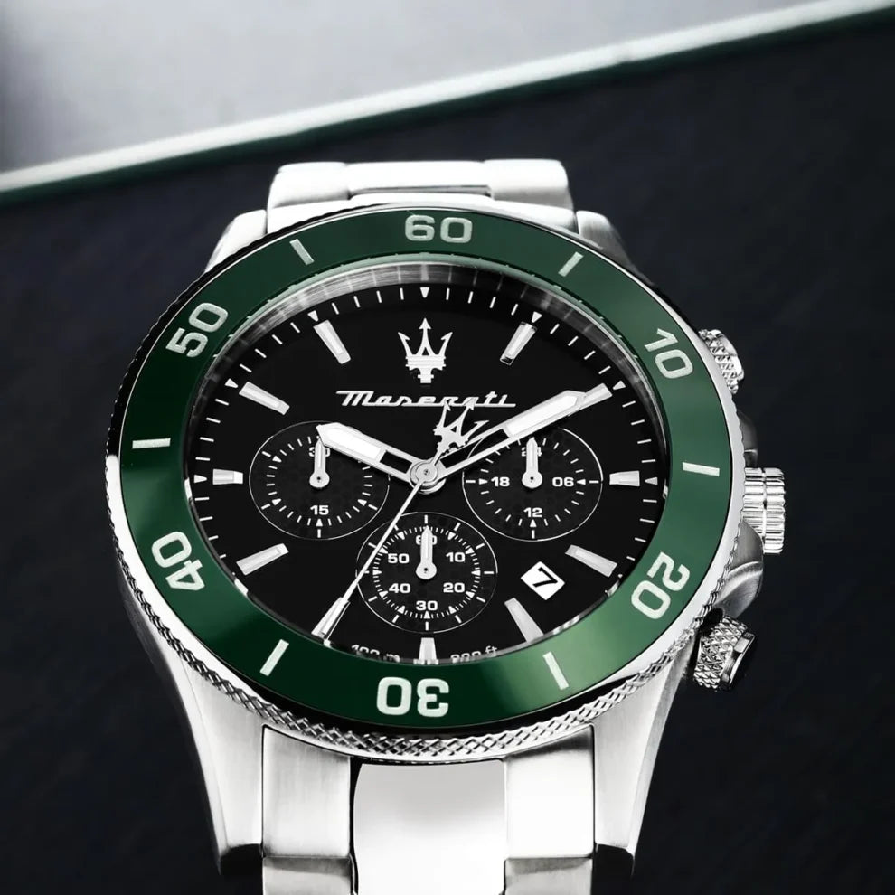 Maserati Competizione Men's Watch R8873600008, Silver Stainless Steel with Green Bezel