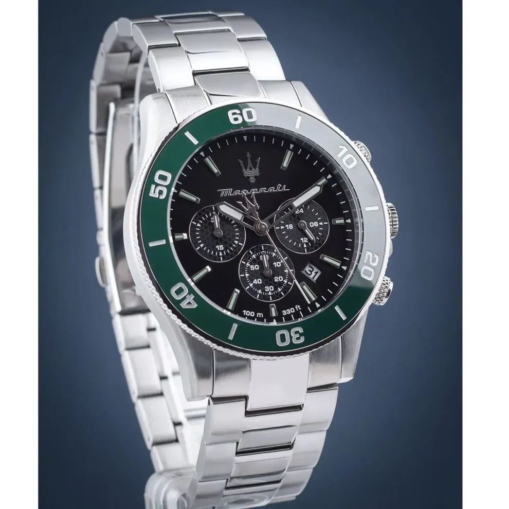 Maserati Competizione Men's Watch R8873600008, Silver Stainless Steel with Green Bezel