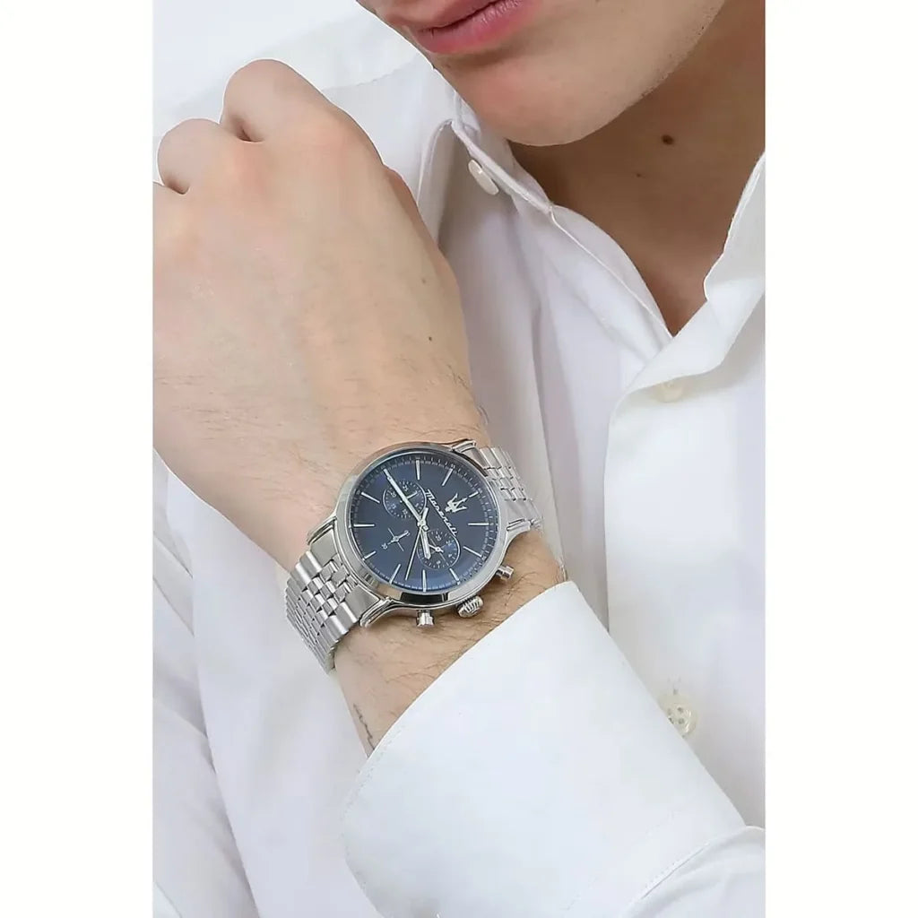 Maserati R8873618024 Men’s Watch – Epoca Blue Dial Stainless Steel Silver Watch