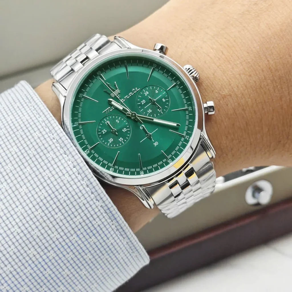 Maserati R8873618033 Men’s Watch – Epoca Green Dial Stainless Steel Silver Watch