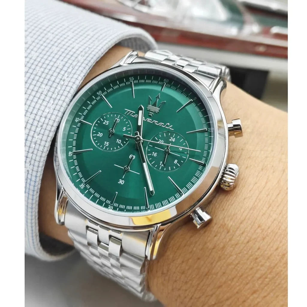 Maserati R8873618033 Men’s Watch – Epoca Green Dial Stainless Steel Silver Watch