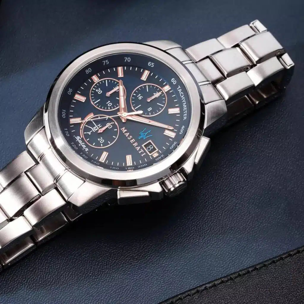 Maserati R8873645004 Successo Solar Watch – Blue Dial, Silver Stainless Steel Strap, Solar Quartz (45mm)