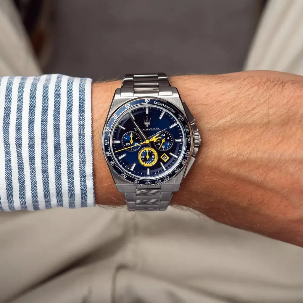 Maserati R8873652001 Velocita Watch – Blue Dial, Silver Stainless Steel Strap, 100M Water Resistant (43mm)