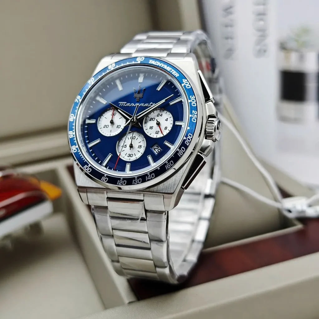 Maserati R8873652005 Velocita Watch – Blue Dial, Silver Stainless Steel Strap, 100M Water Resistant (43mm)