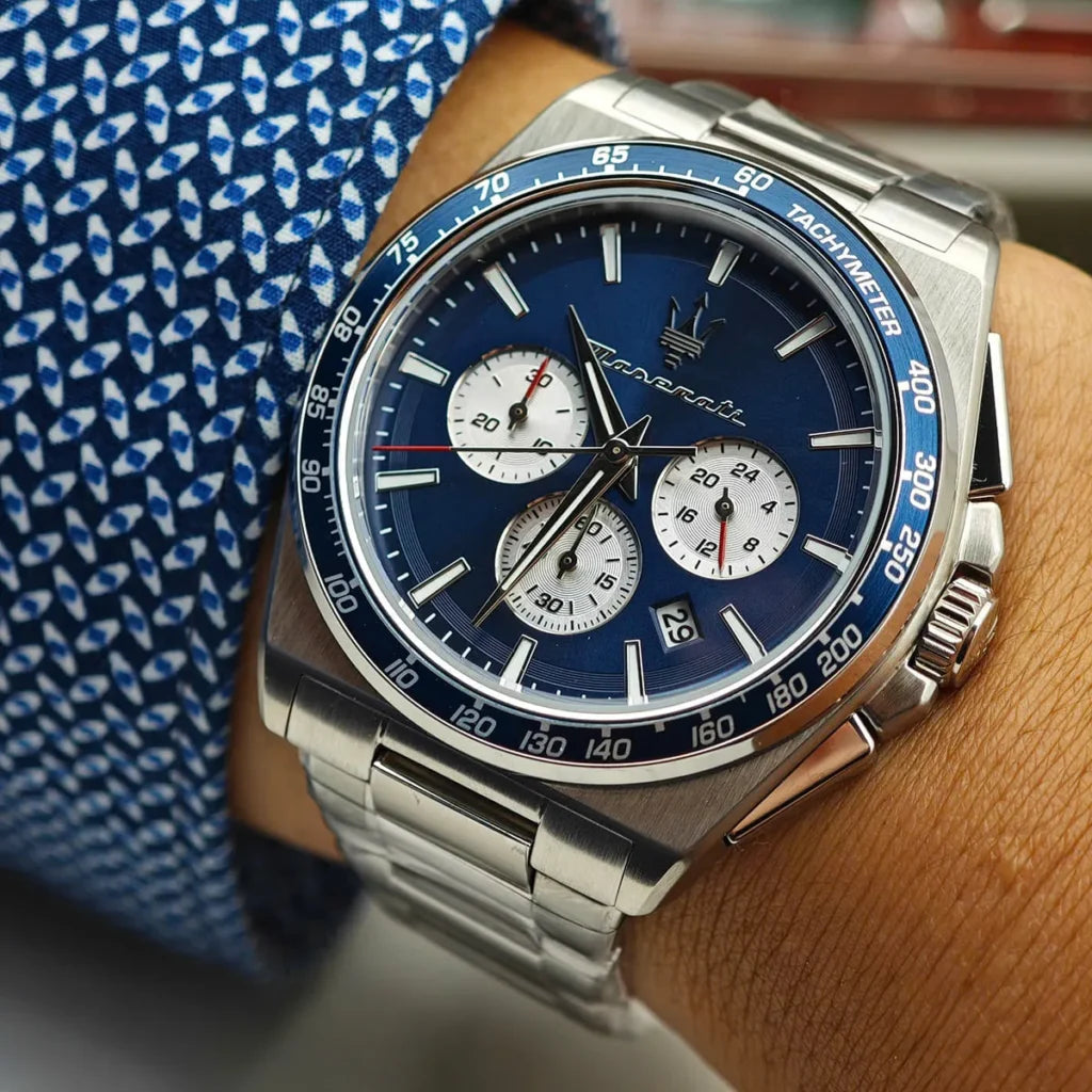 Maserati R8873652005 Velocita Watch – Blue Dial, Silver Stainless Steel Strap, 100M Water Resistant (43mm)