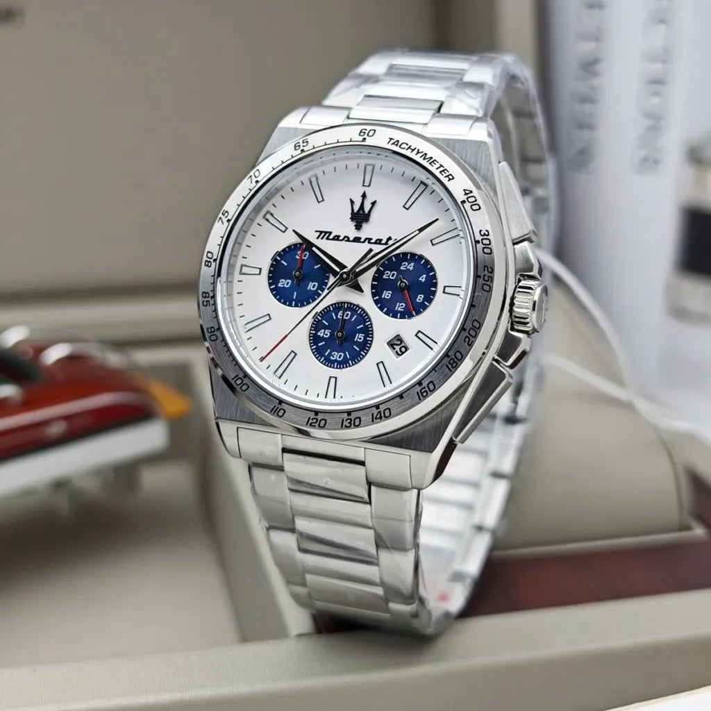 Maserati R8873652007 Velocita Watch – White Dial, Silver Stainless Steel Bracelet, 100M Water Resistant (43mm)