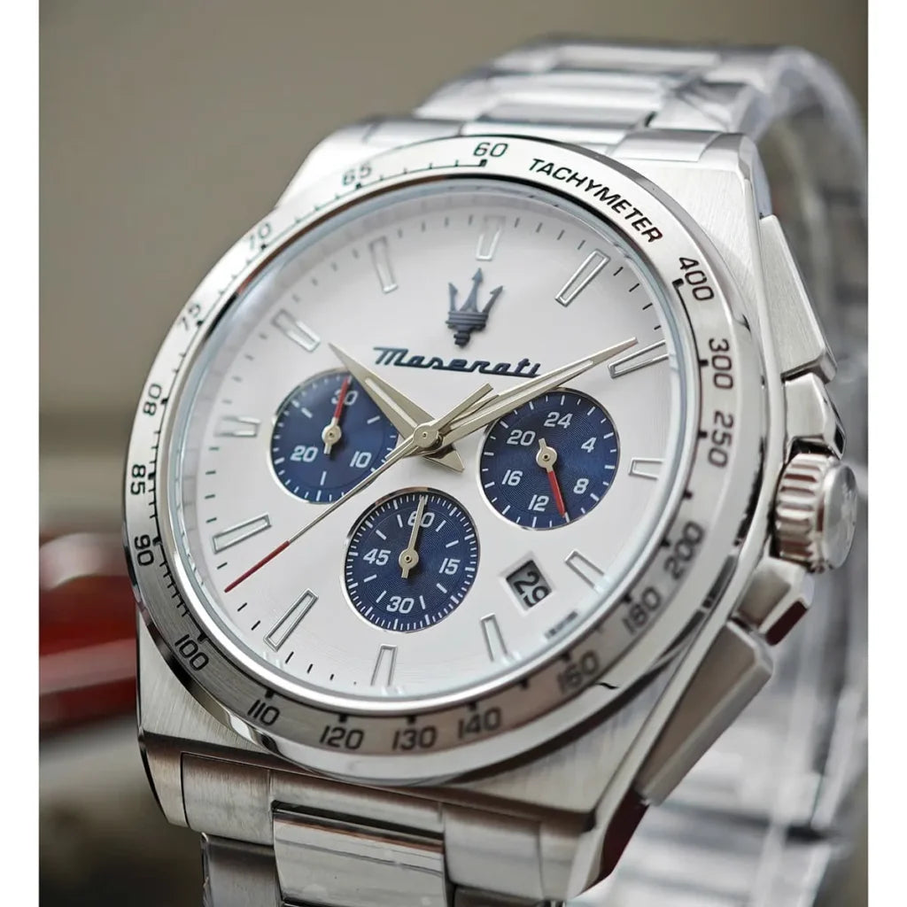 Maserati R8873652007 Velocita Watch – White Dial, Silver Stainless Steel Bracelet, 100M Water Resistant (43mm)