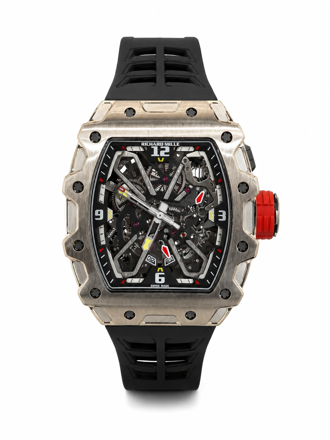 Richard Mille Luxury Silver Skeleton Sports Watch – Red Crown & Black Rubber Strap
