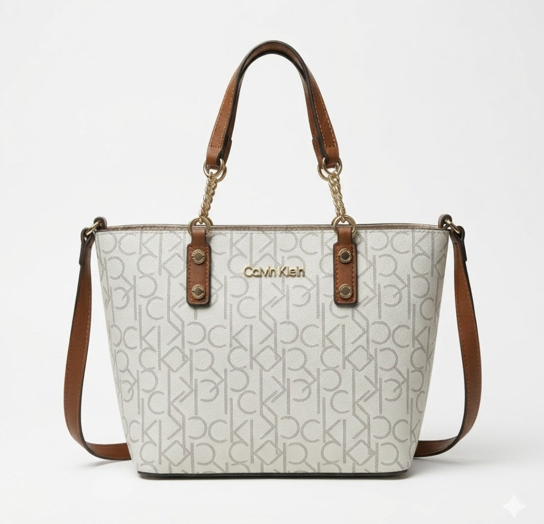 Calvin Klein Medium Tote Bag – White Monogram Logo Design, Chic Modern Aesthetic #1