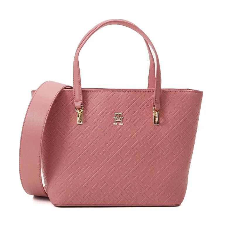 Tommy Hilfiger Embossed Monogram Tote Bag – Dusty Rose Pink, Elegant Dual-Strap Design #11