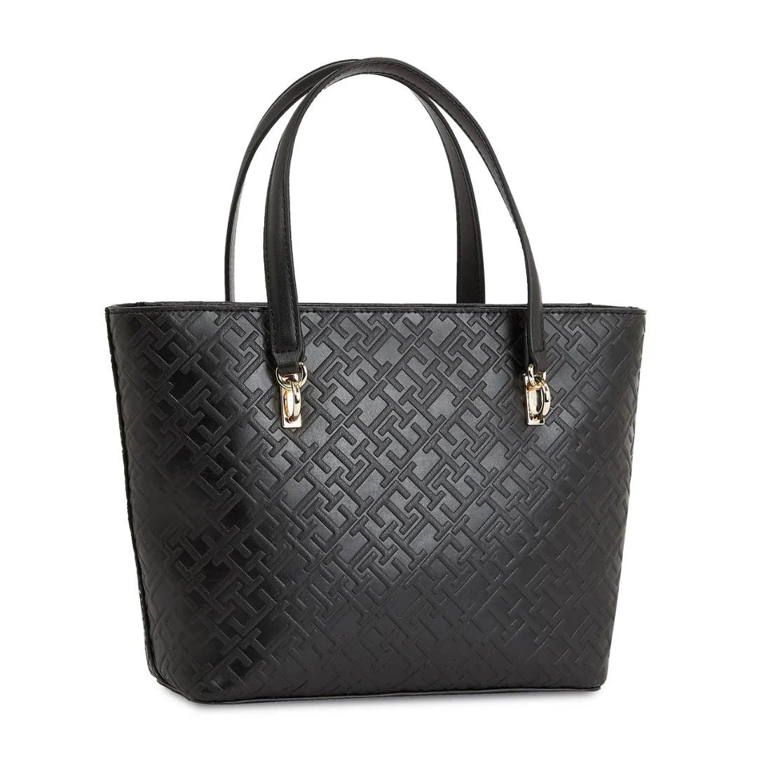 Tommy Hilfiger Embossed Monogram Tote Bag – Classic Black, Sophisticated Dual-Strap Design #01