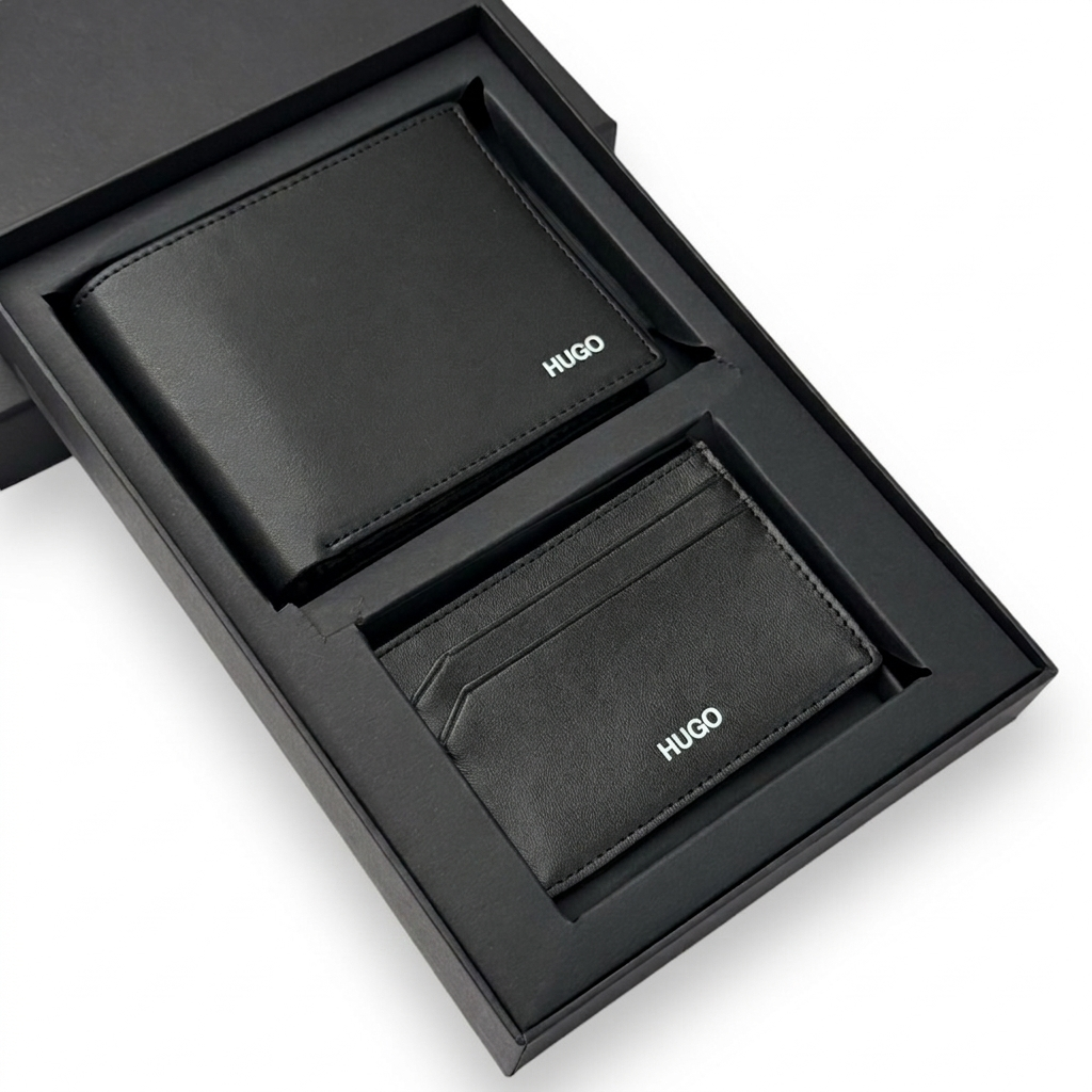 HUGO BOSS Men’s Leather Wallet & Card Holder Set - Black #04