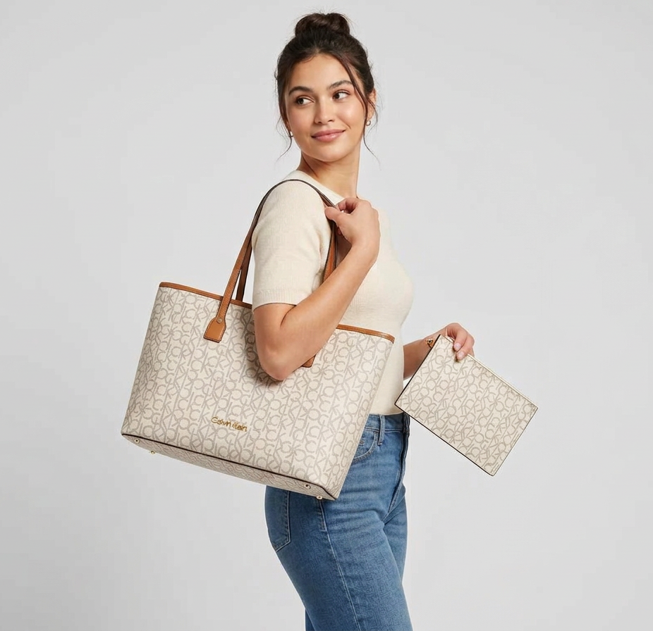 Calvin Klein Monogram Tote Set - Chic Beige & Cognac #40