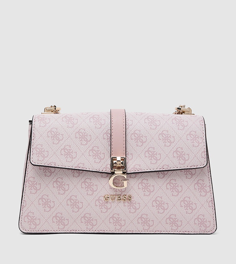 Guess Logo Print Crossbody Bag – Soft Pink Monogram, Elegant Gold-Tone Chain #4