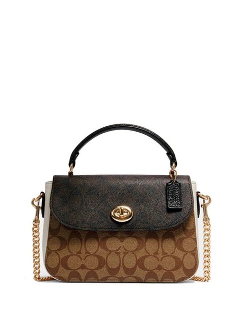 Coach Marlie Top Handle Satchel – Blocked Signature Canvas, Brown #35