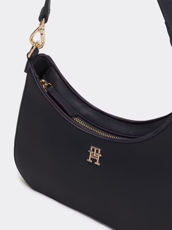 Tommy Hilfiger Signature Gold Hardware Hobo Bag – Sleek Black, Modern Curved Silhouette #9