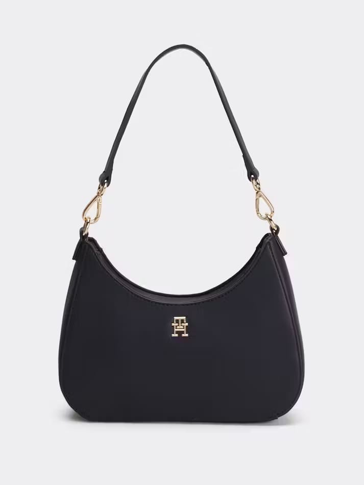 Tommy Hilfiger Signature Gold Hardware Hobo Bag – Sleek Black, Modern Curved Silhouette #9