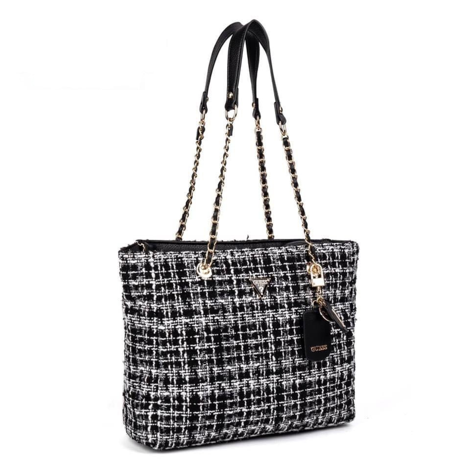 Guess Tweed Chain Tote Bag – Classic Black & White Plaid, Sophisticated Style #8