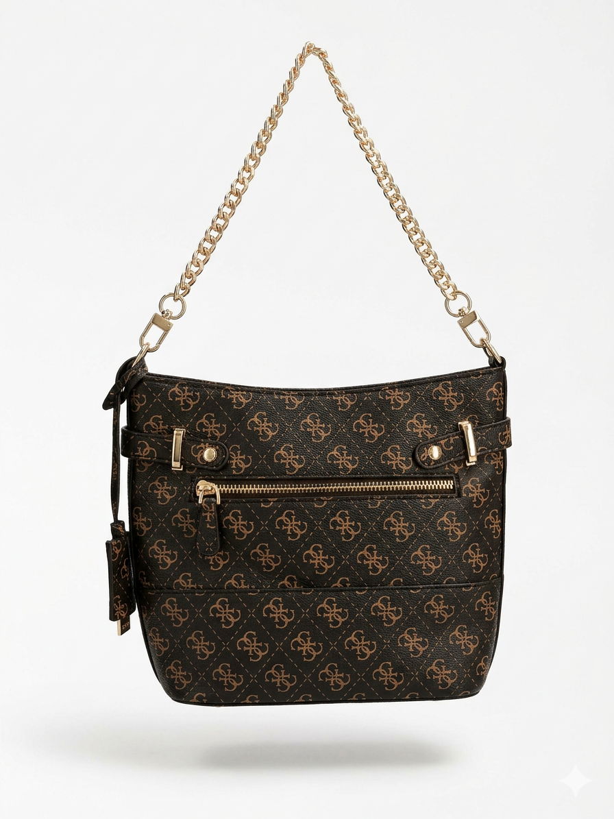 Guess Monogram Bucket Bag – Classic Brown Logo Design, Elegant Gold-Tone Chain #1