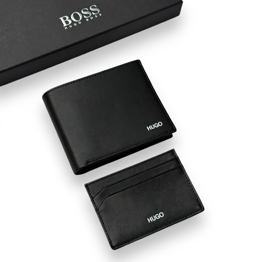 HUGO BOSS Men’s Leather Wallet & Card Holder Set - Black #04