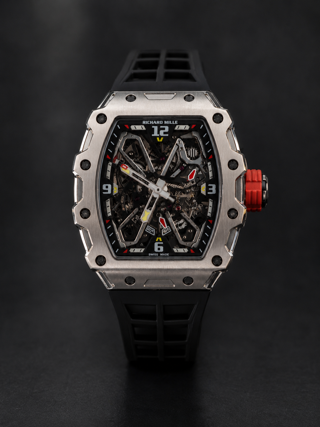 Richard Mille Luxury Silver Skeleton Sports Watch – Red Crown & Black Rubber Strap