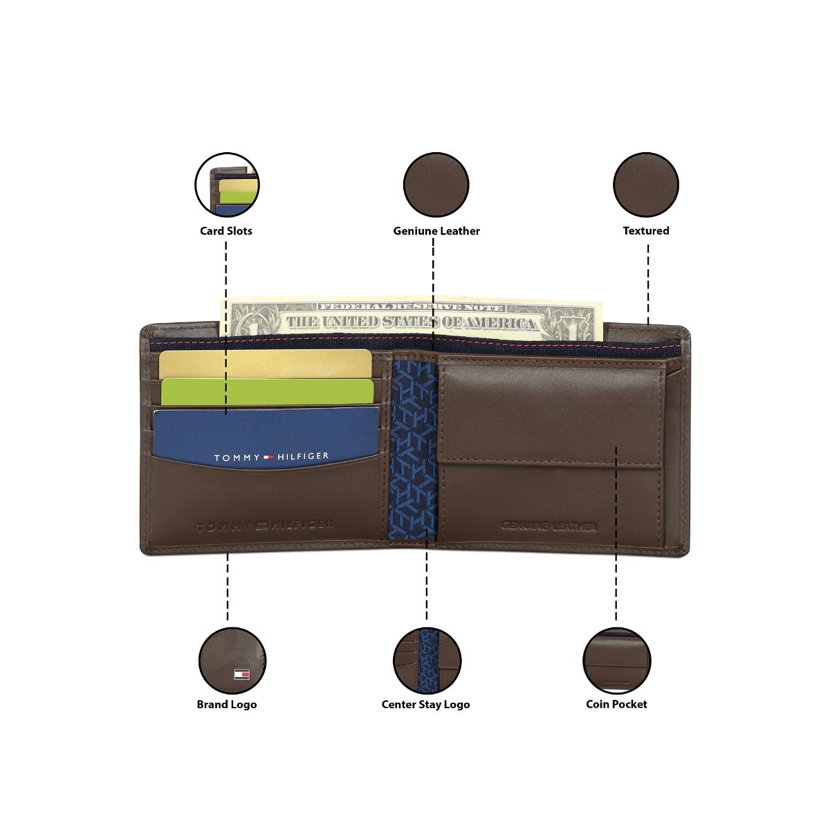 TH Men’s Leather Bifold Deep Brown with Monogram Print Wallet #59