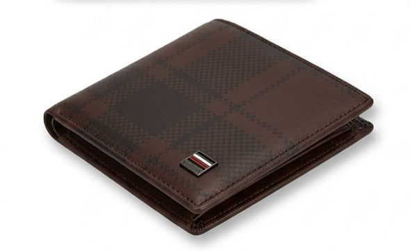 Tommy Hilfiger Men's Checkered Leather Wallet - Dark Brown #73