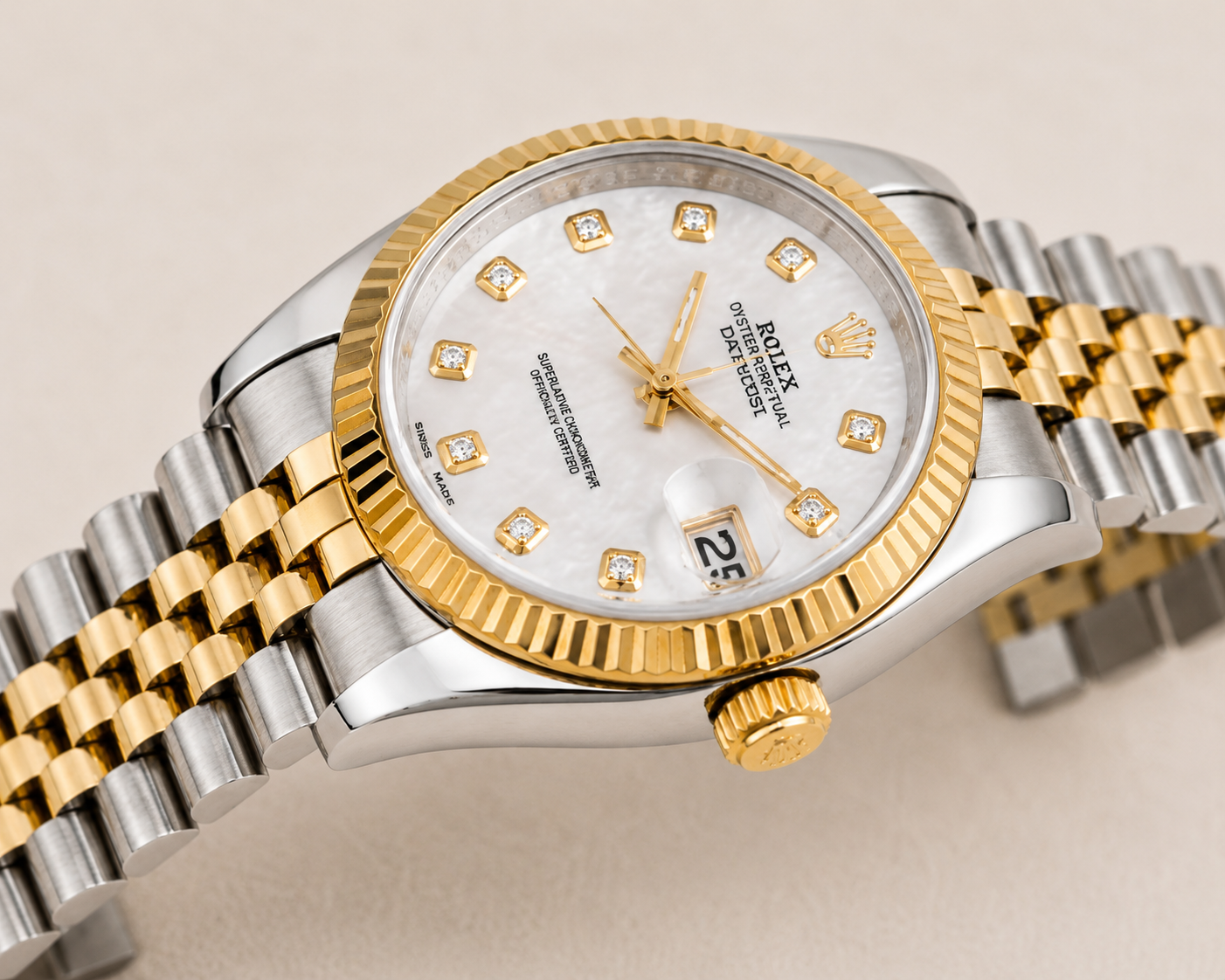 Luxury Rolex Datejust Elegant Two-Tone Gold & Silver Edition with White Mother of Pearl Diamond Dial Rolex-w.02
