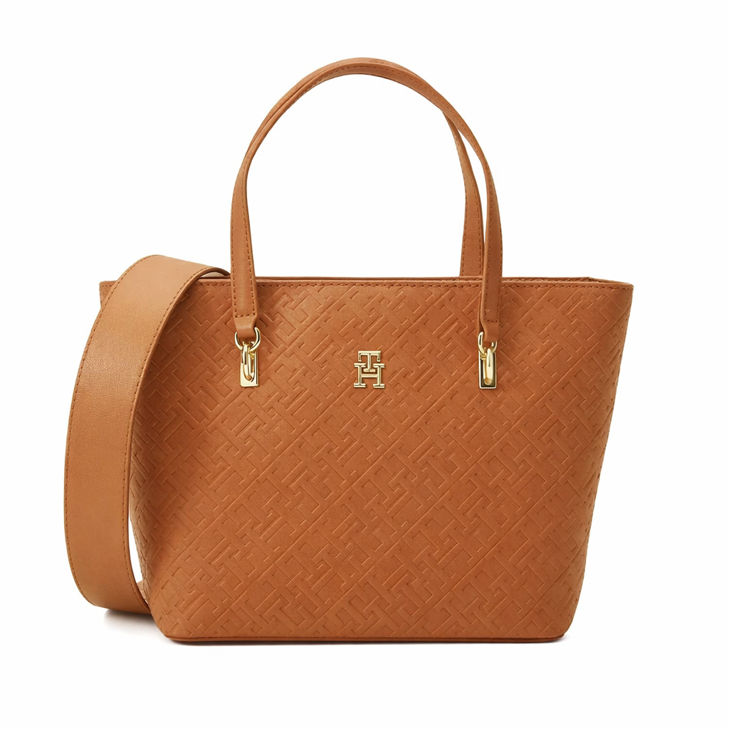 Tommy Hilfiger Embossed Monogram Tote Bag – Rich Tan Camel, Elegant Dual-Strap Design #10
