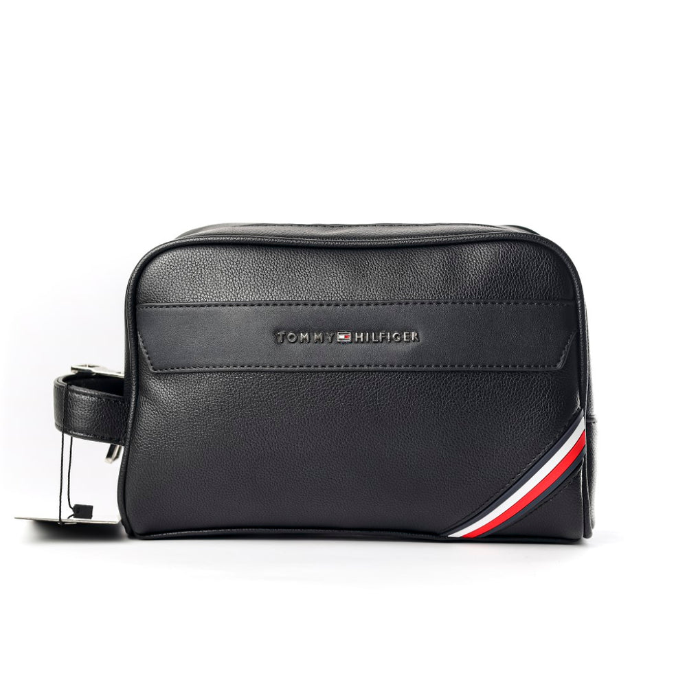 Tommy Hilfiger Polished Black Men’s Pouch With Corner Stripe #41